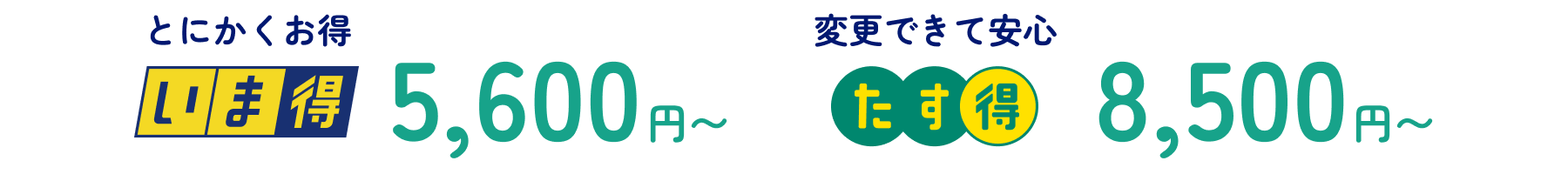 とにかくお得 いま得5,600円〜 変更できて安心 たす得8,500円〜