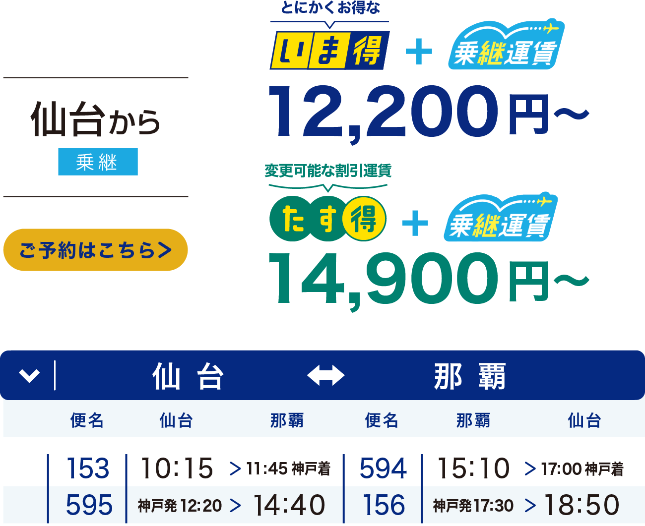 仙台から那覇の運賃情報