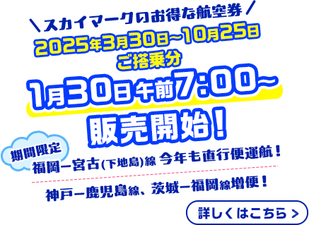 スカイマークのお得な航空券 2025年3月30日〜10月25日ご搭乗分 1月30日午前7:00販売開始！期間限定 福岡ー宮古（下地島）線、今年も直行便運航！神戸ー鹿児島線、茨城ー福岡線増便！