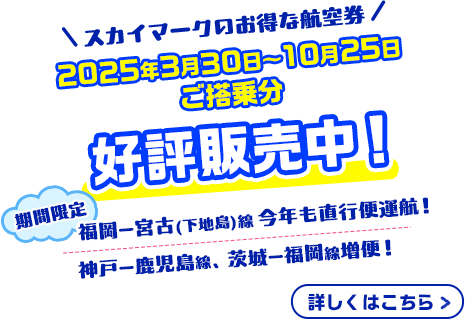 スカイマークのお得な航空券 2025年3月30日〜10月25日ご搭乗分 好評販売中！期間限定 福岡ー宮古（下地島）線、今年も直行便運航！神戸ー鹿児島線、茨城ー福岡線増便！